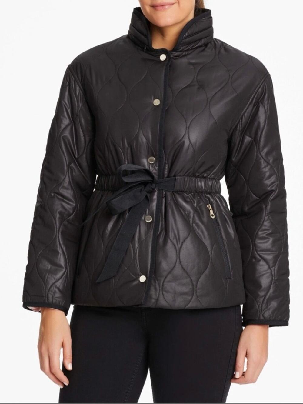 KATE SPADE Onion Quilt Jacket Black Cinched Waist Hood Women’s Size XS Classic